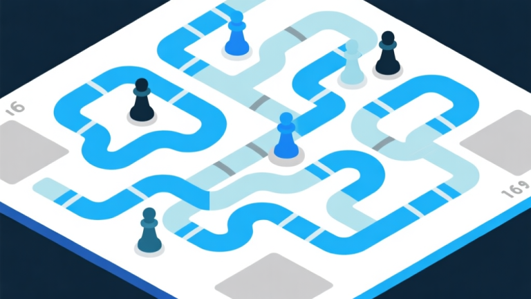 自动生成图片: Ilustrasi abstrak papan permainan strategi dengan jalur yang kompleks dan beberapa pion terjebak, skema warna biru muda dan abu-abu, desain minimal bersih, gaya infografis modern high quality illustration, detailed, 16:9