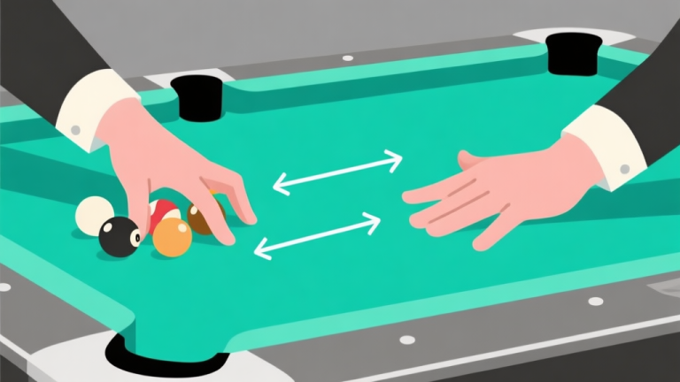 自动生成图片: Ilustrasi perbandingan dua posisi tangan bridge di atas meja biliar, satu kacau dan tidak stabil, satu lagi kokoh dan terstruktur, dengan garis panah menunjukkan stabilitas, gaya gambar clean vector, warna dominan hijau toska dan abu-abu high quality illustration, detailed, 16:9