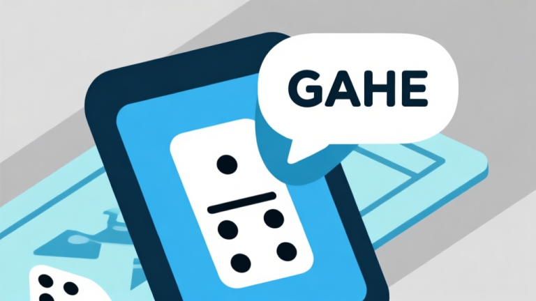 自动生成图片: Ilustrasi grafis minimalis yang menunjukkan ikon kartu domino dan papan game digital yang tumpang tindih dengan gelembung percakapan berisi kata "GAHE", skema warna biru muda dan abu-abu, gaya desain bersih high quality illustration, detailed, 16:9