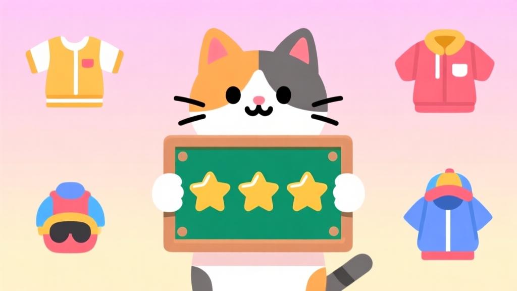 Ilustrasi kucing lucu (gaya game) sedang memegang papan skor dengan bintang tiga, dikelilingi ikon pakaian dan aksesori, latar belakang pastel yang cerah dan bersih, desain minimalis high quality illustration, detailed, 16:9