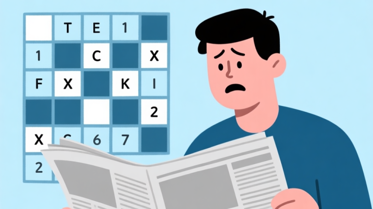 自动生成图片: Ilustrasi minimalis seorang pemula melihat teka teki silang di koran dengan ekspresi bingung, beberapa kotak sudah terisi dan banyak yang kosong, warna skema biru muda dan abu-abu, desain bersih high quality illustration, detailed, 16:9