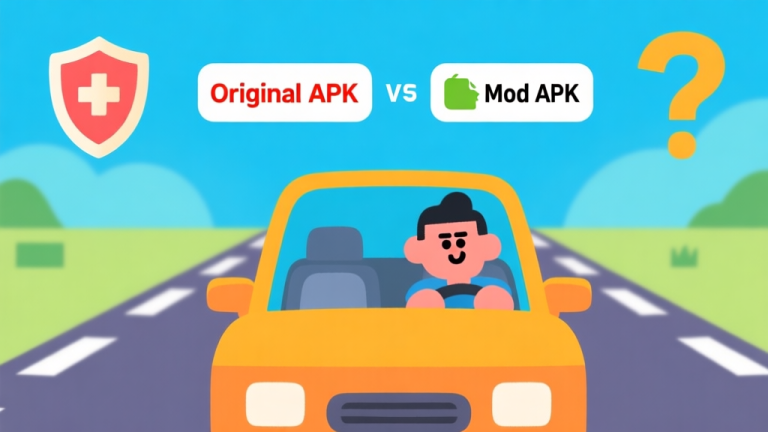 自动生成图片: Ilustrasi gaya game yang menunjukkan karakter kartun di dalam kendaraan, dihadapkan pada pilihan antara jalur bertanda "Original APK" dan "Mod APK", dengan simbol perisai dan tanda tanya di latar belakang, desain minimal, warna cerah namun tidak terlalu mencolok high quality illustration, detailed, 16:9