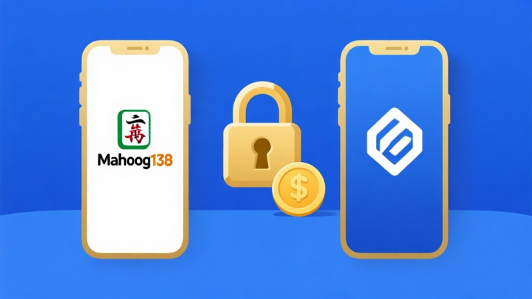 自动生成图片: Ilustrasi grafis minimalis yang menunjukkan dua ponsel berdampingan, satu menampilkan logo Mahjong138 dan lainnya logo generik, dengan simbol kunci (keamanan) dan koin (keuntungan) di antaranya, skema warna biru dan emas, desain bersih high quality illustration, detailed, 16:9