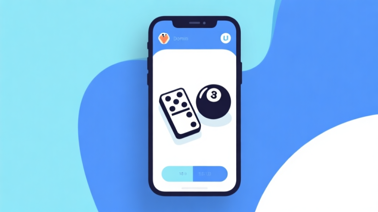 自动生成图片: Ilustrasi minimalis antarmuka game mobile dengan ikon domino dan bola biliar, latar belakang biru muda dan putih, desain bersih dan modern, gaya UI aplikasi game high quality illustration, detailed, 16:9