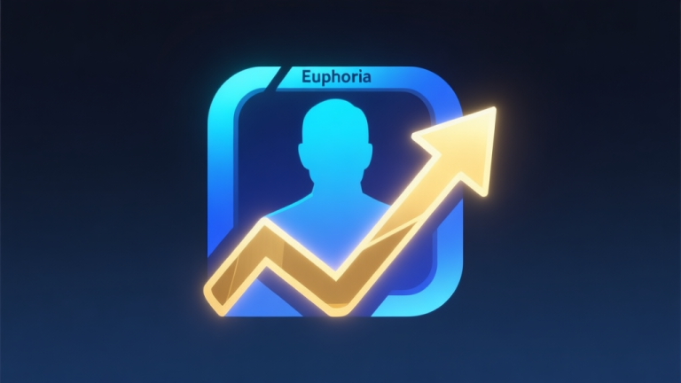 自动生成图片: Ilustrasi abstrak simbol status game "Euphoria", berupa ikon bercahaya dengan panah naik di atas avatar siluet, skema warna biru dan emas, desain minimal bersih, gaya UI game modern high quality illustration, detailed, 16:9