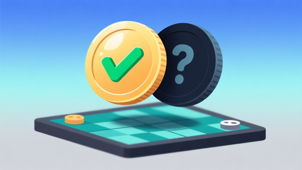 Ilustrasi abstrak dua sisi koin melayang di atas papan permainan digital, satu sisi berkilau dengan simbol centang hijau, sisi lainnya gelap dengan tanda tanya, latar belakang gradien biru muda ke abu-abu, gaya minimalis bersih high quality illustration, detailed, 16:9