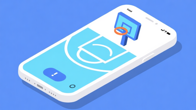 自动生成图片: Ilustrasi minimalis layar ponsel dengan antarmuka game basket sederhana, menunjukkan ikon pemain dan ring, skema warna biru muda dan putih, desain bersih, gaya ilustrasi konsep game high quality illustration, detailed, 16:9