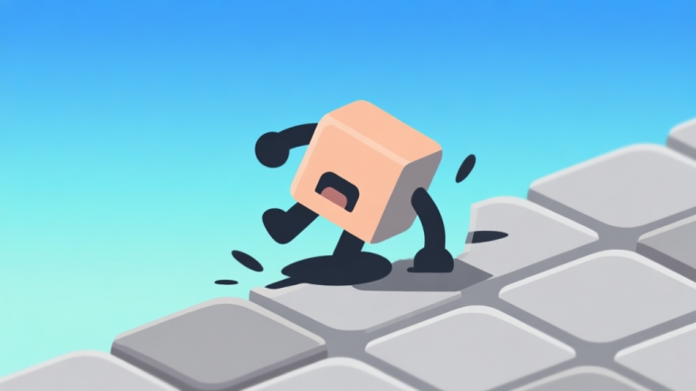 自动生成图片: Ilustrasi karakter game minimalis terjatuh dari ubin berwarna, latar belakang gradient biru muda dan abu-abu, gaya desain clean untuk konsep game mobile high quality illustration, detailed, 16:9