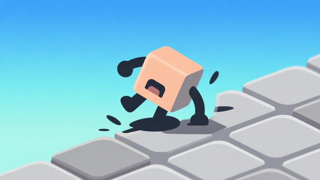 Ilustrasi karakter game minimalis terjatuh dari ubin berwarna, latar belakang gradient biru muda dan abu-abu, gaya desain clean untuk konsep game mobile high quality illustration, detailed, 16:9