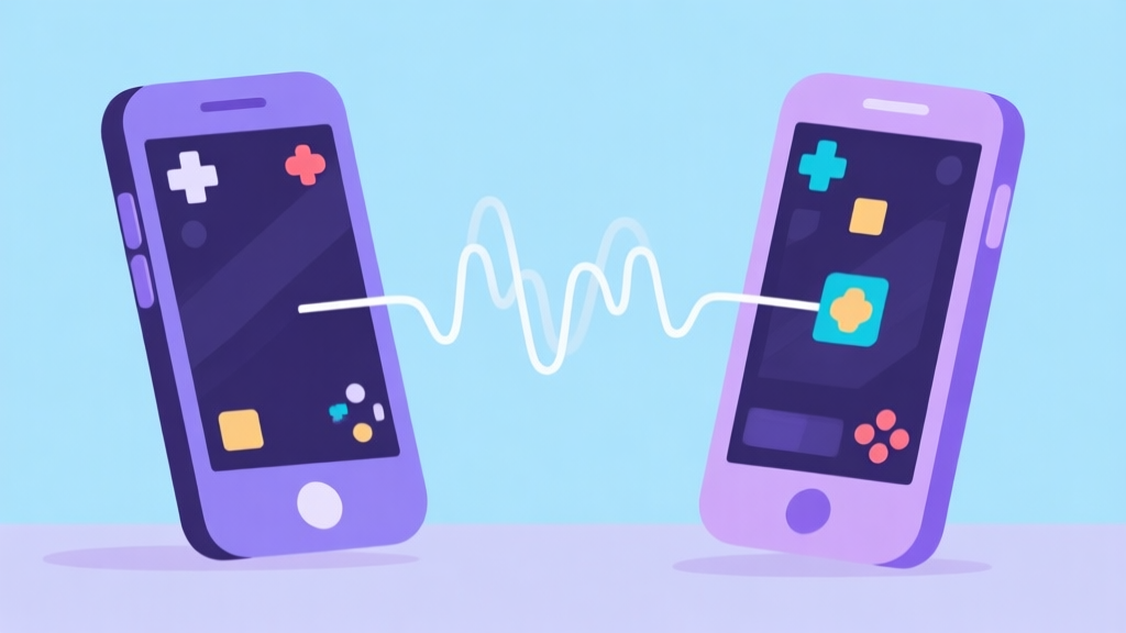 Ilustrasi dua ponsel dengan layar game yang terhubung oleh garis sinyal bergelombang, satu di sisi kiri dan satu di kanan, latar belakang minimal dengan warna pastel biru dan ungu, gaya desain bersih dan modern high quality illustration, detailed, 16:9