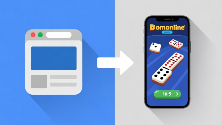 自动生成图片: Ilustrasi perbandingan visual antara ikon browser web di satu sisi dan ikon aplikasi smartphone di sisi lain, dengan panah yang menghubungkannya ke layar permainan domino online yang sama, desain minimalis dengan warna biru dan abu-abu, gaya infografis yang bersih high quality illustration, detailed, 16:9