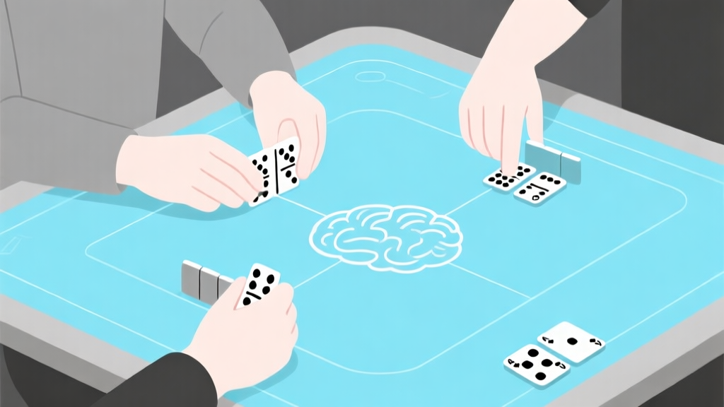 Ilustrasi konseptual dua tangan bermain domino gaple di atas meja digital, dengan garis-garis tipis yang menghubungkan kartu dan pikiran pemain, skema warna biru muda dan abu-abu, gaya minimalis bersih, ilustrasi psikologi permainan high quality illustration, detailed, 16:9