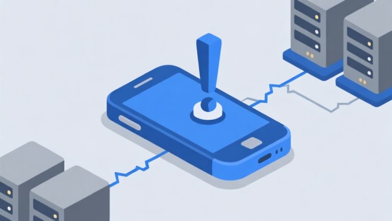 自动生成图片: Ilustrasi digital minimalis yang menunjukkan ikon ponsel dengan tanda seru di atasnya, terhubung dengan server melalui jalur putus-putus, skema warna biru dan abu-abu, gaya diagram teknis yang bersih high quality illustration, detailed, 16:9
