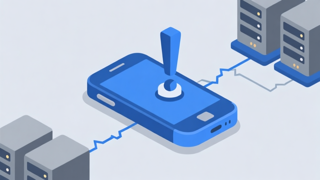 Ilustrasi digital minimalis yang menunjukkan ikon ponsel dengan tanda seru di atasnya, terhubung dengan server melalui jalur putus-putus, skema warna biru dan abu-abu, gaya diagram teknis yang bersih high quality illustration, detailed, 16:9