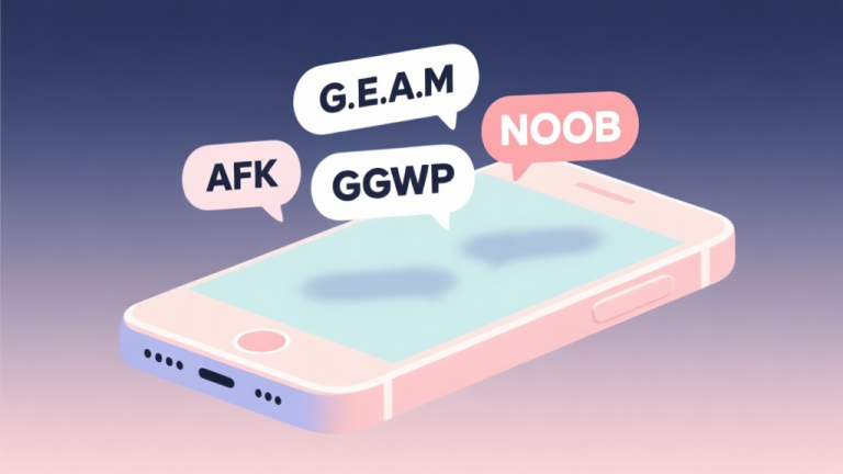 自动生成图片: Ilustrasi minimalis dengan gelembung percakapan berisi teks 'G E A M', 'AFK', 'GGWP', dan 'NOOB' melayang di atas layar smartphone, warna pastel lembut, gaya desain bersih dan modern high quality illustration, detailed, 16:9
