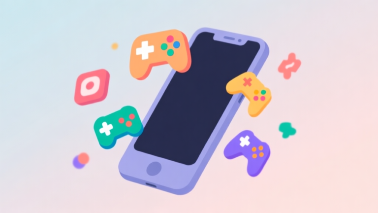 自动生成图片: Ilustrasi minimalis ponsel cerdas dengan beberapa ikon game sederhana dan berwarna-warni melayang di sekitarnya, latar belakang pastel lembut, gaya clean dan modern, konsep game kasual high quality illustration, detailed, 16:9