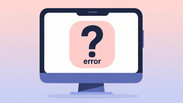 自动生成图片: Ilustrasi minimalis layar komputer atau ponsel dengan ikon tanda tanya besar dan simbol "error" di tengahnya, latar belakang warna pastel lembut, gaya desain bersih dan modern, merepresentasikan masalah teknis high quality illustration, detailed, 16:9