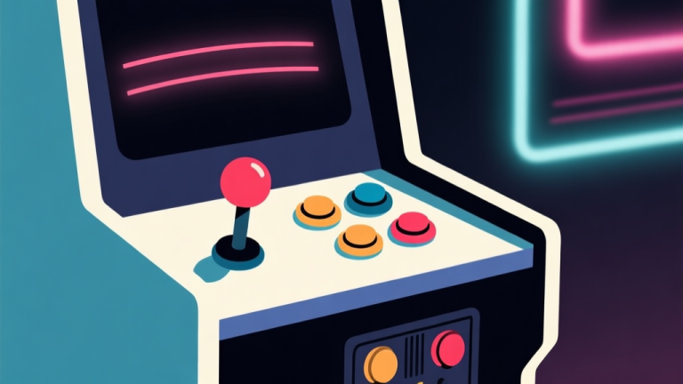 自动生成图片: Ilustrasi minimalis kabinet arcade klasik dengan joystick dan tombol berwarna, latar belakang gelap dengan sorotan neon lembut, gaya retro-modern yang bersih high quality illustration, detailed, 16:9