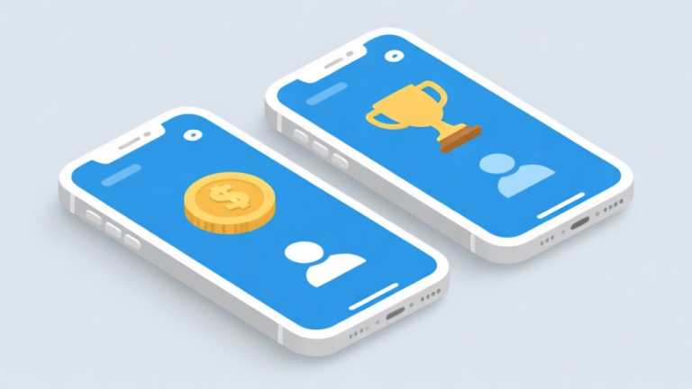 自动生成图片: Ilustrasi grafis minimalis dua ponsel berdampingan menampilkan antarmuka game yang berbeda, dengan ikon-ikon seperti koin, piala, dan avatar sederhana, skema warna biru muda dan abu-abu, desain bersih dan profesional high quality illustration, detailed, 16:9