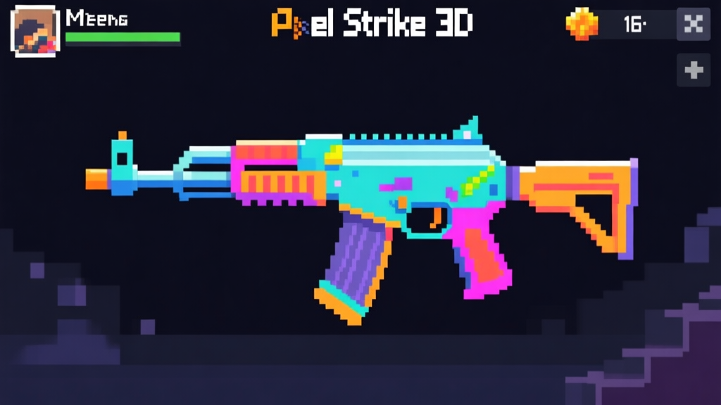 Ilustrasi minimalis antarmuka game Pixel Strike 3D dengan fokus pada senjata yang memiliki skin berwarna-warni, latar belakang gelap dengan aksen pixel, gaya desain clean dan modern high quality illustration, detailed, 16:9