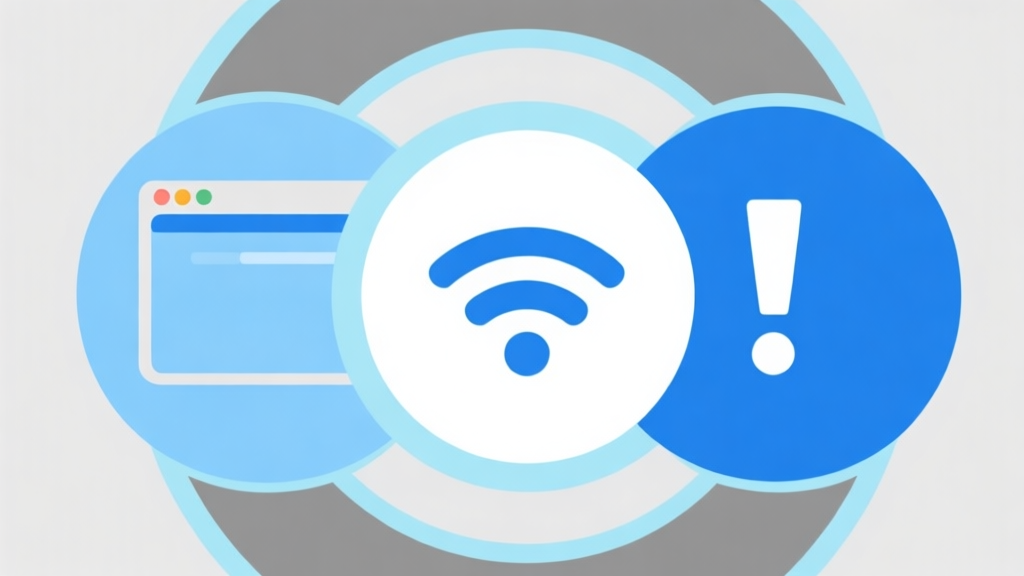 Ilustrasi grafis minimalis dengan ikon browser, simbol wifi, dan tanda seru di dalam lingkaran yang saling terhubung, skema warna biru muda dan abu-abu, gaya desain bersih, menggambarkan konsep pemecahan masalah teknis high quality illustration, detailed, 16:9