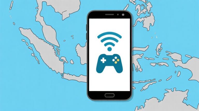自动生成图片: Ilustrasi minimalis ponsel Android dengan ikon game offline di layar, latar belakang peta Indonesia dengan sinyal wifi yang terputus-putus, skema warna biru muda dan abu-abu, gaya desain bersih high quality illustration, detailed, 16:9