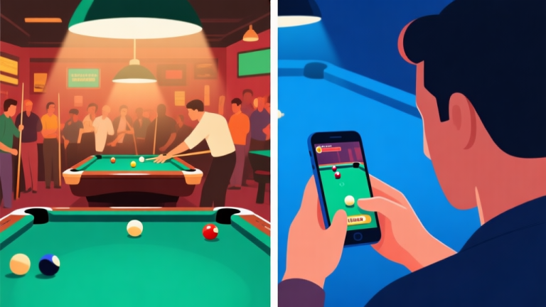 自动生成图片: Ilustrasi split-screen yang menunjukkan suasana pool hall yang ramai di satu sisi dan seseorang sedang fokus bermain game billiard di smartphone di sisi lain, dengan palet warna hangat dan dingin yang kontras, gaya ilustrasi digital minimalis high quality illustration, detailed, 16:9