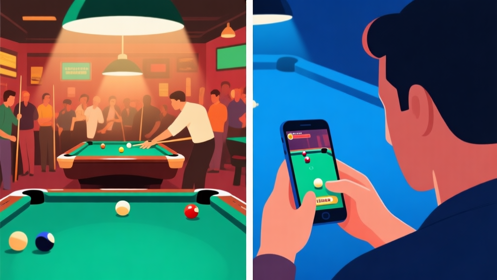 Ilustrasi split-screen yang menunjukkan suasana pool hall yang ramai di satu sisi dan seseorang sedang fokus bermain game billiard di smartphone di sisi lain, dengan palet warna hangat dan dingin yang kontras, gaya ilustrasi digital minimalis high quality illustration, detailed, 16:9