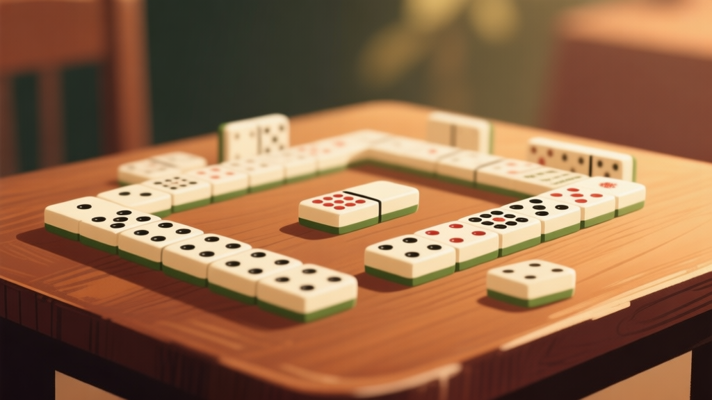 Ilustrasi minimalis set domino gaple tradisional Indonesia tersusun rapi di atas meja kayu, dengan pencahayaan hangat dan latar belakang blur, menciptakan suasana permainan yang intens namun tenang high quality illustration, detailed, 16:9