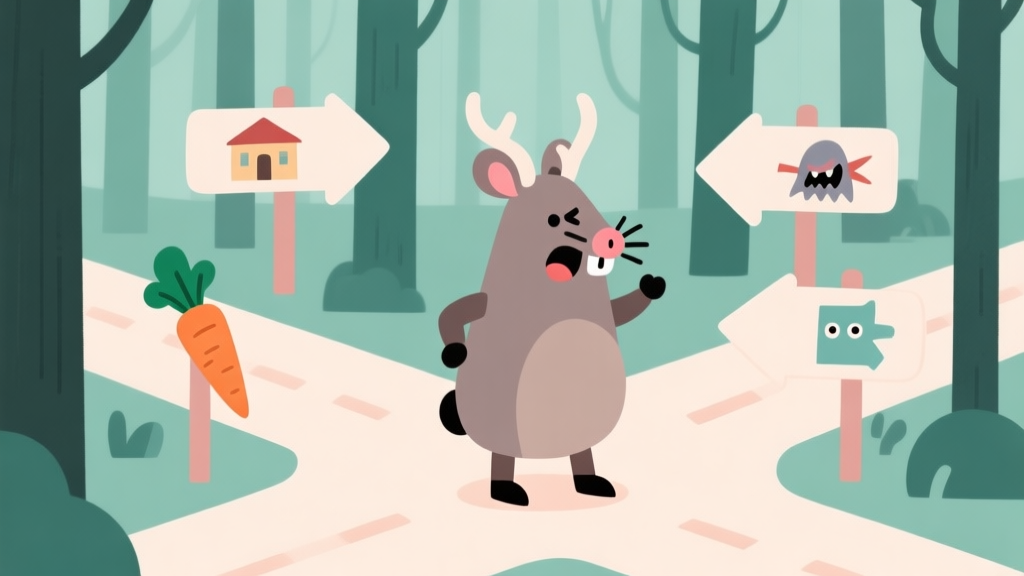 Ilustrasi minimalis seekor rusa dengan ekspresi lucu berdiri di persimpangan jalan di hutan, dengan panah-panah petunjuk bergaya kartun mengarah ke berbagai objek seperti wortel, bangunan, dan musuh abstrak, skema warna pastel lembut, desain bersih high quality illustration, detailed, 16:9