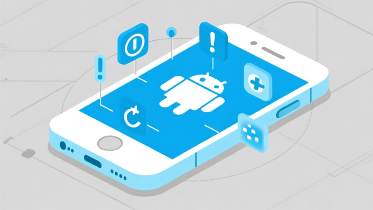 自动生成图片: Ilustrasi grafis minimalis ponsel Android dengan ikon game yang dikelilingi tanda seru dan simbol refresh, skema warna biru muda dan abu-abu, gaya diagram teknis yang bersih high quality illustration, detailed, 16:9