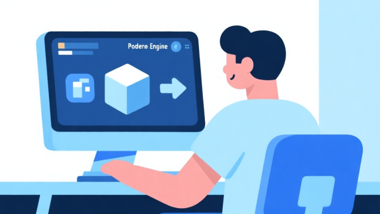 自动生成图片: Ilustrasi minimalis seorang pemain di depan komputer dengan antarmuka game engine yang sederhana dan ikon-ikon visual seperti balok dan panah, skema warna biru muda dan putih, desain bersih, gaya infografis high quality illustration, detailed, 16:9