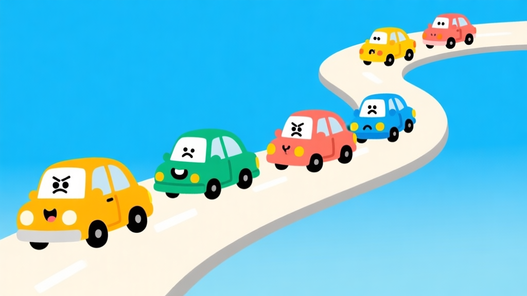 Ilustrasi kartun beberapa mobil kecil dengan ekspresi lucu dan warna-warna cerah sedang melintasi jalan berliku sederhana di latar belakang langit biru, gaya desain minimalis dan ceria high quality illustration, detailed, 16:9