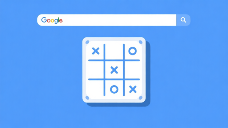 自动生成图片: Ilustrasi minimalis layar pencarian Google dengan papan Tic Tac Toe 3x3 yang interaktif di tengahnya, simbol X dan O sederhana, latar belakang bersih dengan nuansa biru dan putih, gaya desain flat modern high quality illustration, detailed, 16:9
