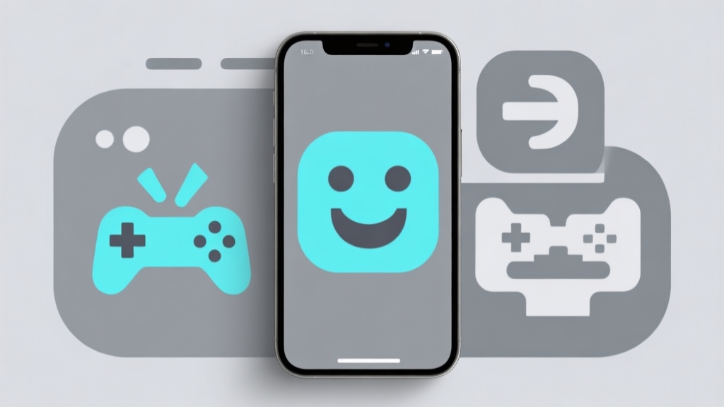 Ilustrasi minimalis layar ponsel dengan ikon game dan simbol tanda seru besar di tengah, skema warna abu-abu dan biru muda, desain bersih yang menggambarkan masalah teknis high quality illustration, detailed, 16:9