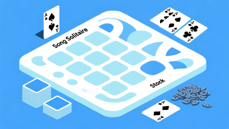 自动生成图片: Ilustrasi minimalis tata letak permainan Song Solitaire, menunjukkan tableau, foundation, stock, dan waste pile dengan kartu abstrak, skema warna biru muda dan putih, desain bersih dan informatif high quality illustration, detailed, 16:9