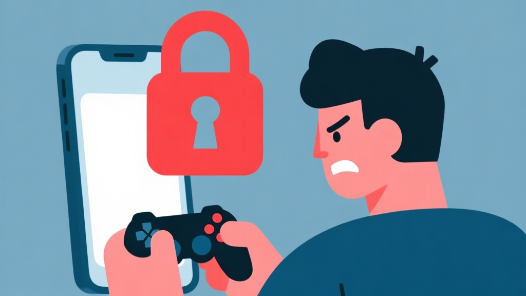 Ilustrasi digital minimalis seorang pemain game di depan ponsel dengan ikon kunci merah besar di atas layar, latar belakang biru keabuan, gaya flat design, ekspresi frustrasi ringan high quality illustration, detailed, 16:9