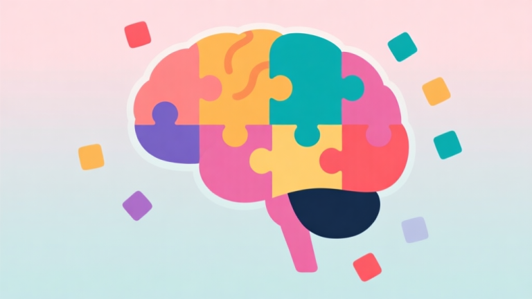 自动生成图片: Ilustrasi minimalis otak manusia dengan puzzle warna-warni yang menyatu di sekitarnya, latar belakang pastel lembut, gaya flat design yang bersih dan modern, konsep kecerdasan dan permainan high quality illustration, detailed, 16:9
