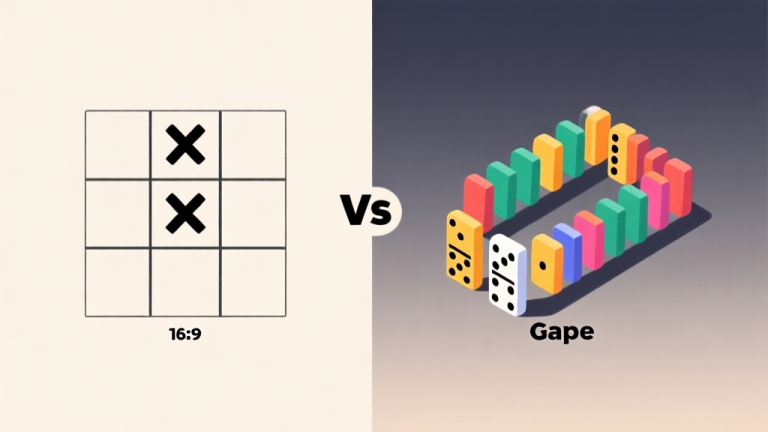 自动生成图片: Komposisi visual minimalis yang membandingkan dua jenis permainan: di satu sisi grid 3x3 sederhana dengan simbol X dan O, di sisi lain set domino gaple berwarna-warni yang tersusun rapi, latar belakang netral dengan gradien lembut, gaya ilustrasi konsep yang bersih high quality illustration, detailed, 16:9