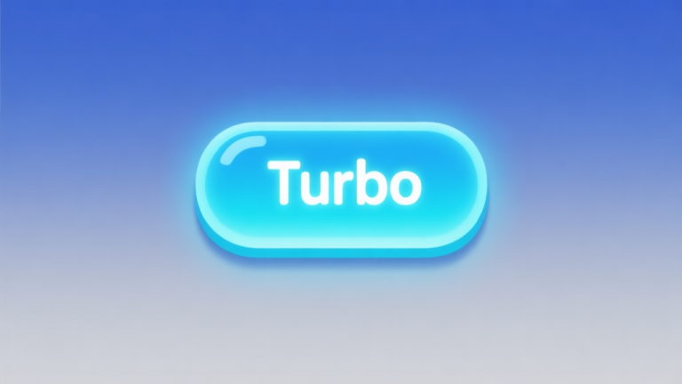 自动生成图片: Ilustrasi minimalis antarmuka game domino digital dengan tombol 'Turbo' yang menyala, latar belakang soft gradient biru dan abu-abu, desain bersih dan modern high quality illustration, detailed, 16:9