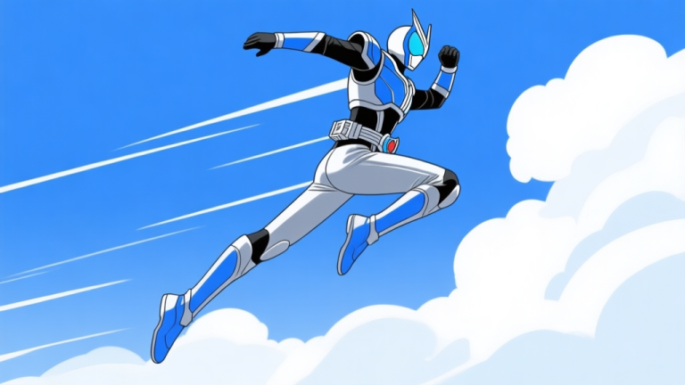 自动生成图片: Ilustrasi minimalis Kamen Rider Sky Rider melompat di udara dengan latar belakang langit biru dan awan putih, gaya seni garis bersih, warna dominan biru dan perak, konsep kebebasan dan kecepatan high quality illustration, detailed, 16:9