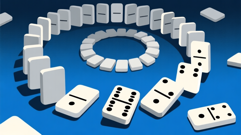 Ilustrasi abstrak domino gaple yang jatuh berantai membentuk spiral ke bawah, skema warna biru tua dan abu-abu, desain minimalis dengan nuansa tegang, konsep ilustrasi kekalahan beruntun high quality illustration, detailed, 16:9