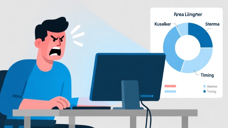 自动生成图片: Ilustrasi grafis minimalis seorang pemain game di depan layar komputer dengan ekspresi frustasi, di sebelahnya ada diagram lingkaran yang terbagi menunjukkan area kesalahan seperti formasi, stamina, dan timing. Skema warna biru muda dan abu-abu, gaya desain bersih dan profesional high quality illustration, detailed, 16:9