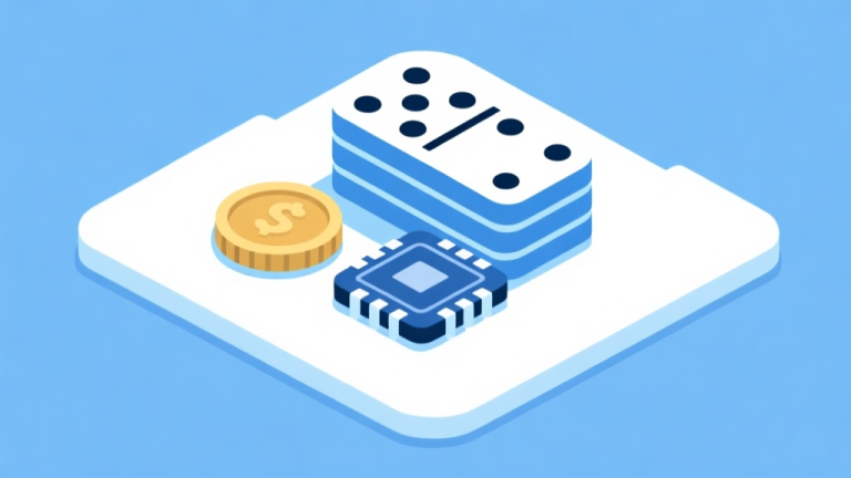 自动生成图片: Ilustrasi minimalis koin digital dan chip domino yang bertumpuk di atas permukaan yang bersih, skema warna biru muda dan putih, gaya desain game yang sederhana high quality illustration, detailed, 16:9
