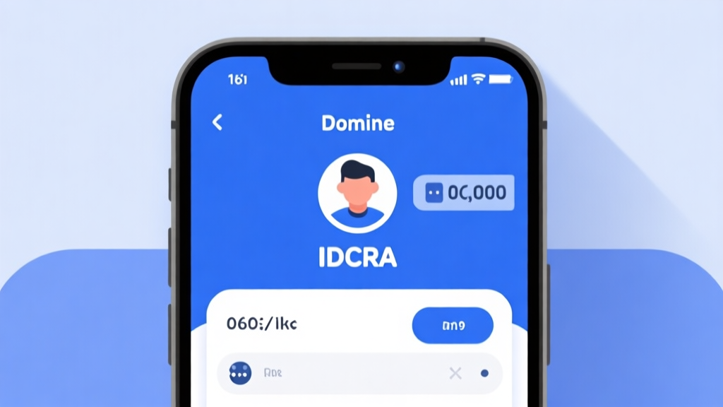 Ilustrasi minimalis antarmuka game domino online di layar ponsel, dengan penekanan pada bagian profil pemain yang menampilkan kode atau ikon IDCRA, skema warna biru dan putih yang bersih high quality illustration, detailed, 16:9