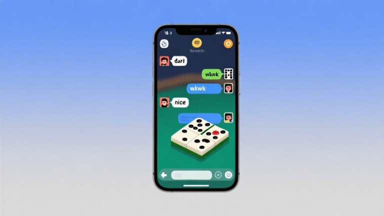 自动生成图片: Ilustrasi minimalis ponsel dengan layar game domino dan ludo yang sedang aktif, tampak percakapan chat dengan kata-kata slang seperti 'dari', 'wkwk', dan 'nice', latar belakang soft gradient biru dan abu-abu, gaya desain bersih dan modern high quality illustration, detailed, 16:9