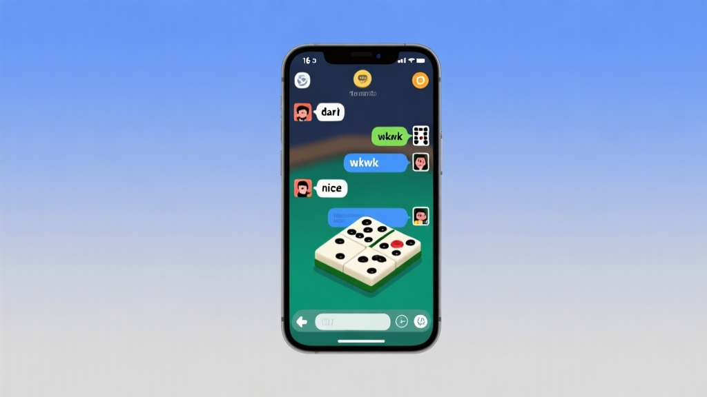 Ilustrasi minimalis ponsel dengan layar game domino dan ludo yang sedang aktif, tampak percakapan chat dengan kata-kata slang seperti 'dari', 'wkwk', dan 'nice', latar belakang soft gradient biru dan abu-abu, gaya desain bersih dan modern high quality illustration, detailed, 16:9