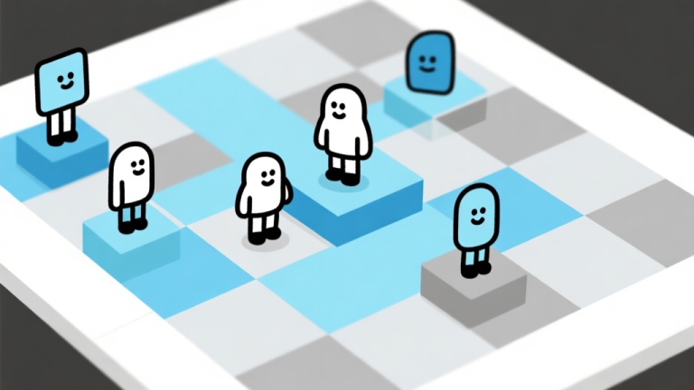 自动生成图片: Ilustrasi minimalis papan permainan strategi dengan beberapa ikon karakter kartun sederhana yang berdiri di atas kotak-kotak, skema warna biru muda dan abu-abu, desain bersih, gaya infografis high quality illustration, detailed, 16:9