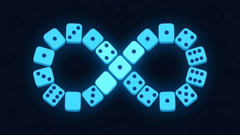 Ilustrasi abstrak kartu domino yang tersusun membentuk pola infinity (angka delapan tidur) dengan cahaya biru lembut, latar belakang gelap, gaya minimalis game digital high quality illustration, detailed, 16:9