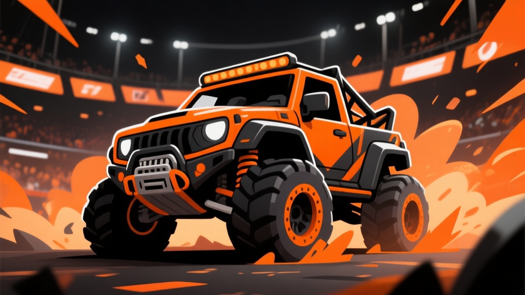 Ilustrasi karakter game bergaya kartun dengan desain kendaraan off-road yang tangguh, latar belakang arena permainan yang dinamis, warna dominan oranye dan hitam, gaya visual game mobile modern high quality illustration, detailed, 16:9